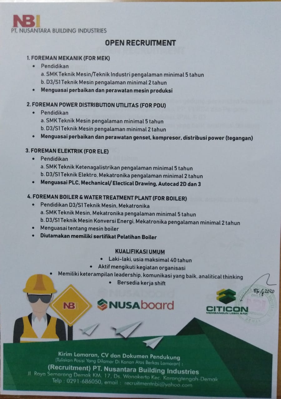Lowongan PT. Nusantara Building Industries
