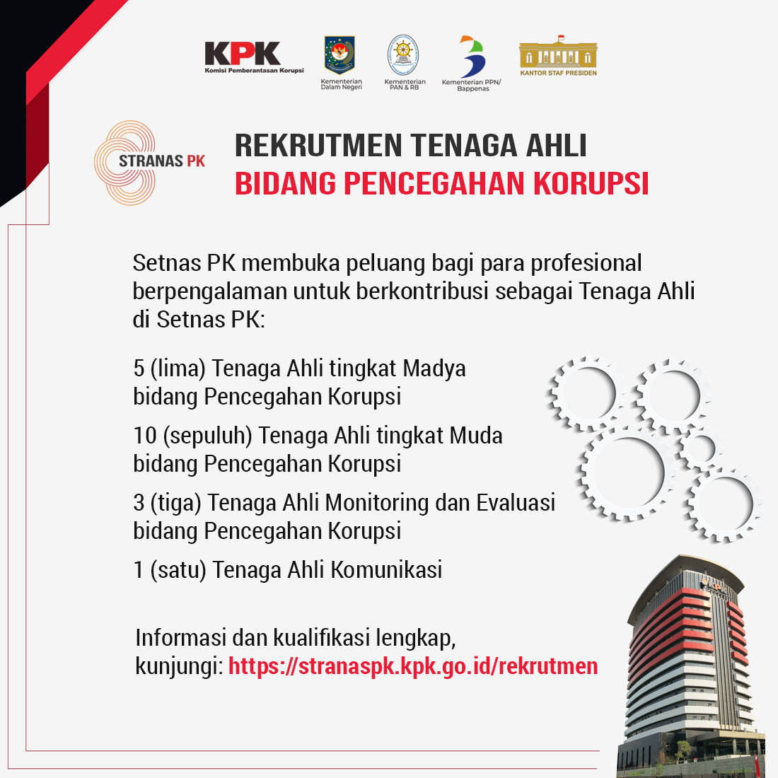Lowongan Tenaga Ahli Bidang Pencegahan Korupsi di KPK