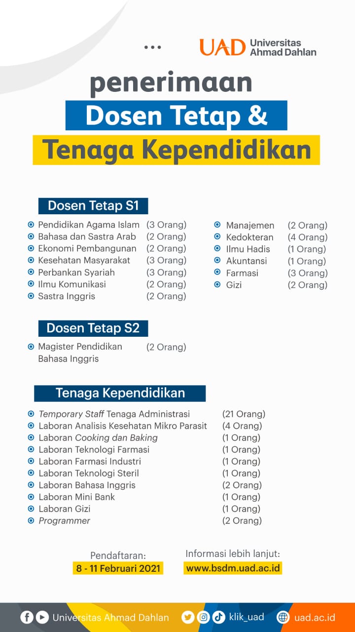 Lowongan Dosen & Tenaga Kependidikan UAD