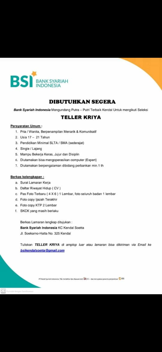 Lowongan Teller Kriya BSI
