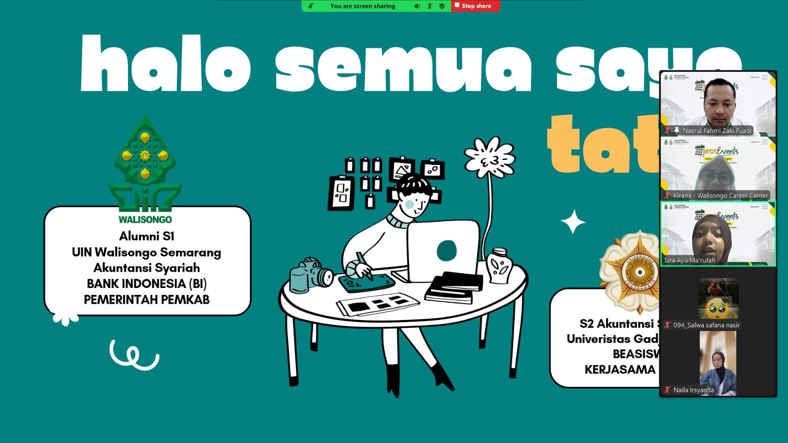 Tips lolos beasiswa S2 dibagikan Tata Ayu Ma'rufah dalam Alumni Sharing Session Walisongo Career Center via Zoom